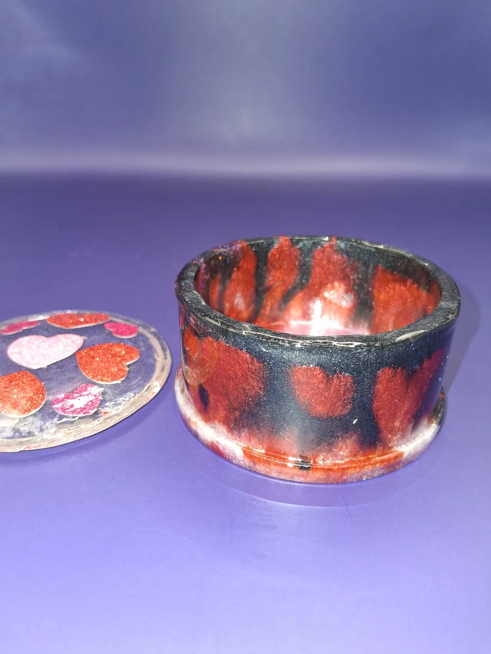 Handmade Round Trinket Box with Red Glitter Heart Accents